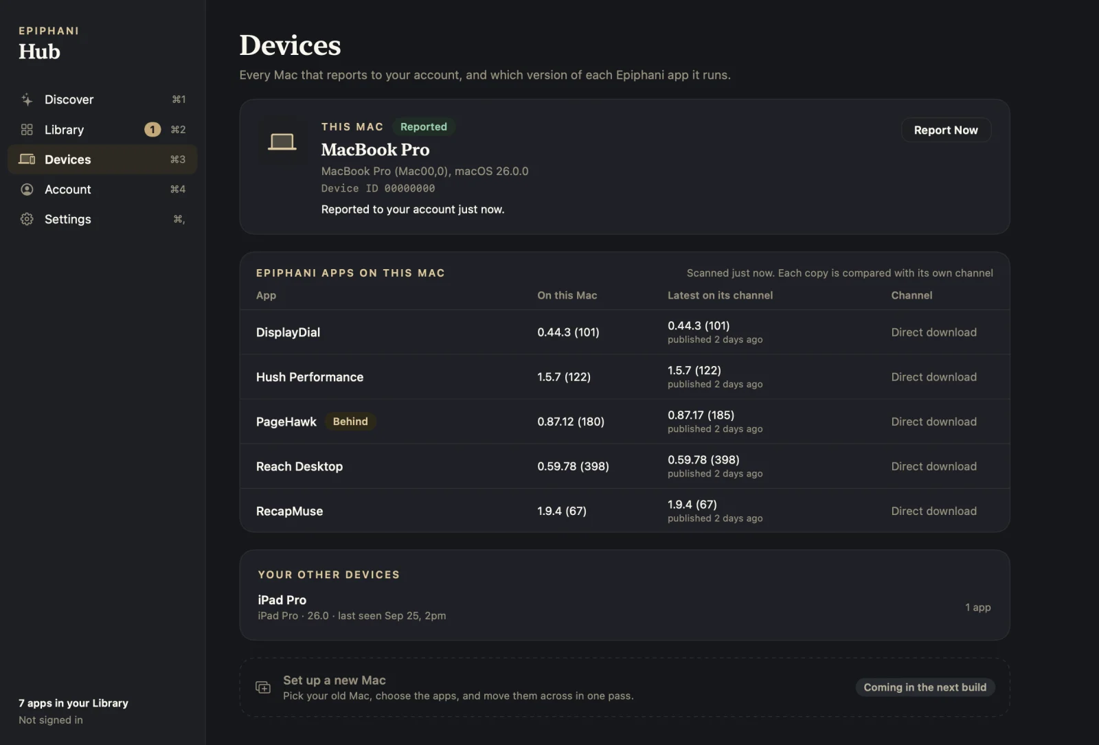 Devices: this MacBook Pro with its apps and versions, PageHawk marked Behind, and an iPad Pro under your other devices.