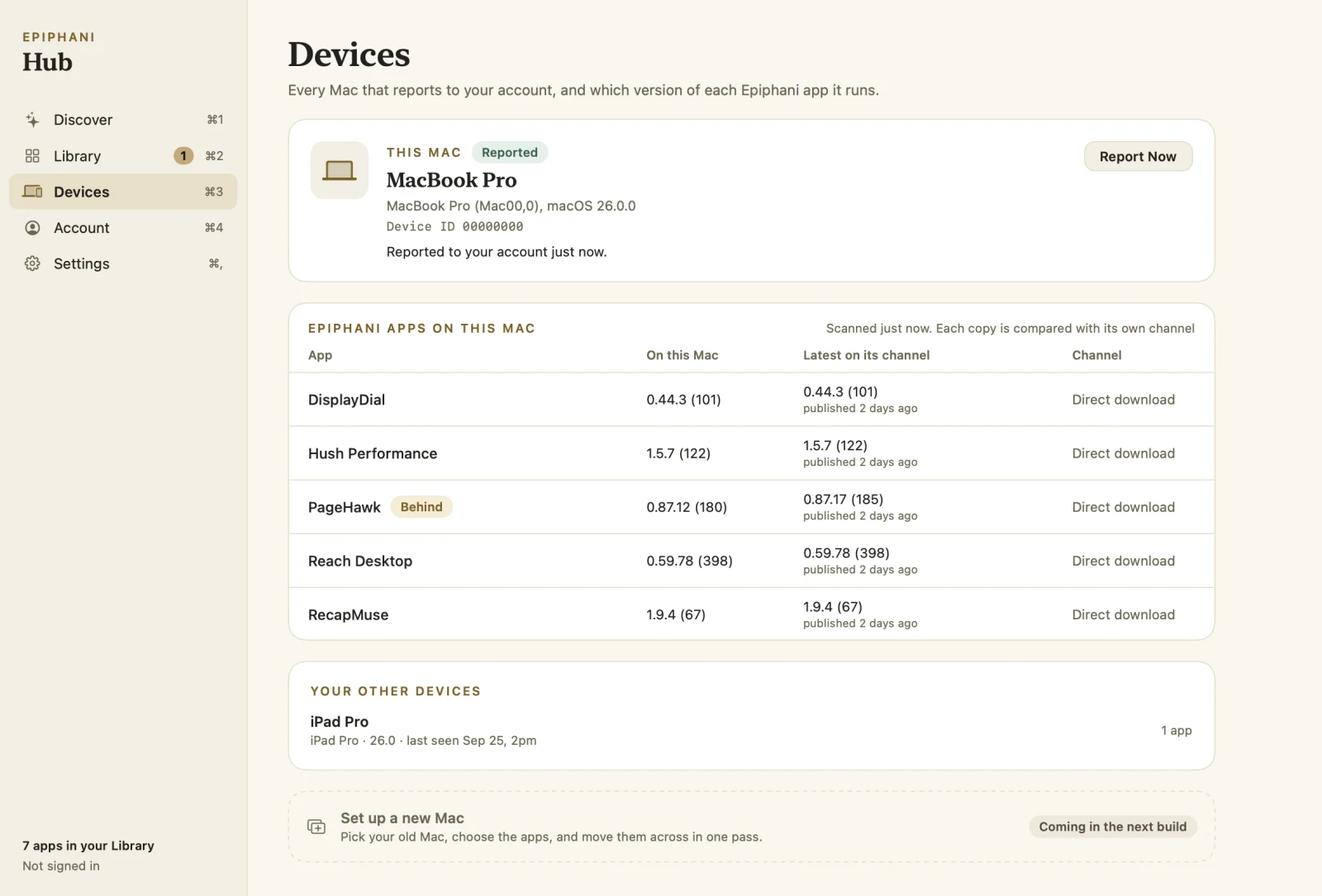 Devices: this MacBook Pro with its apps and versions, PageHawk marked Behind, and an iPad Pro under your other devices.