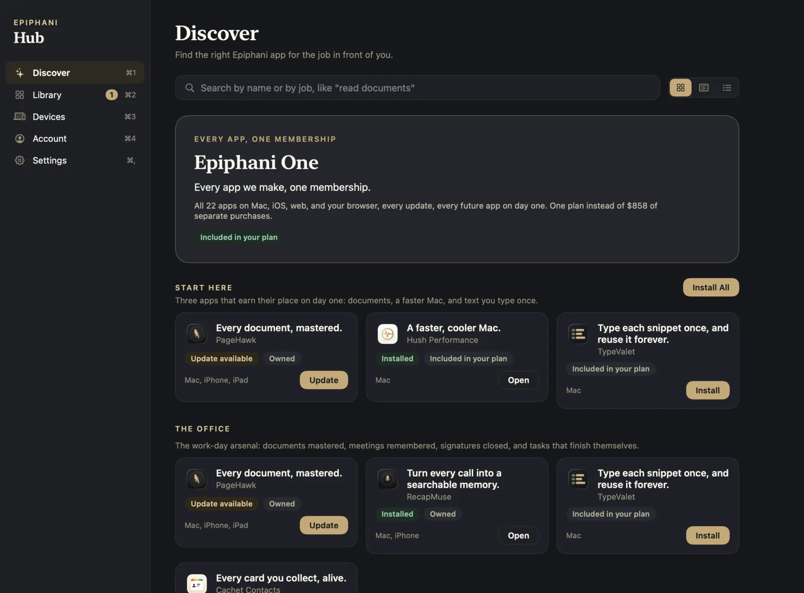 Discover in Grid view: the Epiphani One membership card, Start Here with PageHawk, Hush Performance and TypeValet, and collections below.