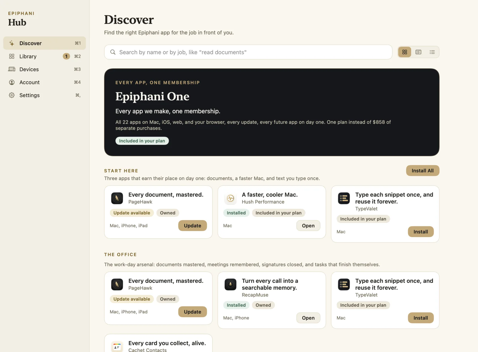 Discover in Grid view: the Epiphani One membership card, Start Here with PageHawk, Hush Performance and TypeValet, and collections below.