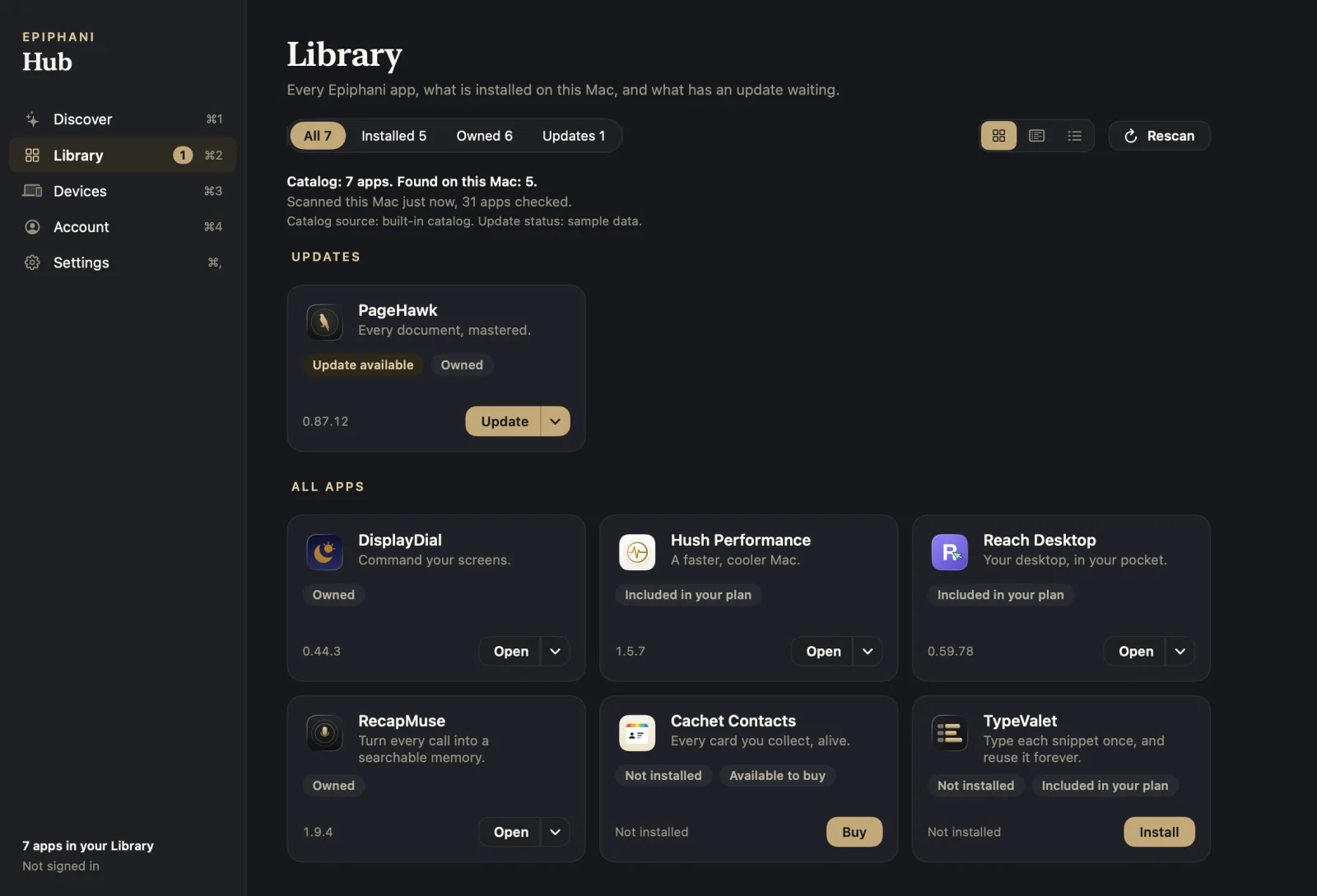 Epiphani Hub's Library in Grid view: PageHawk with an update ready, then DisplayDial, Hush Performance, Reach Desktop and RecapMuse installed, and Cachet Contacts and TypeValet ready to add.