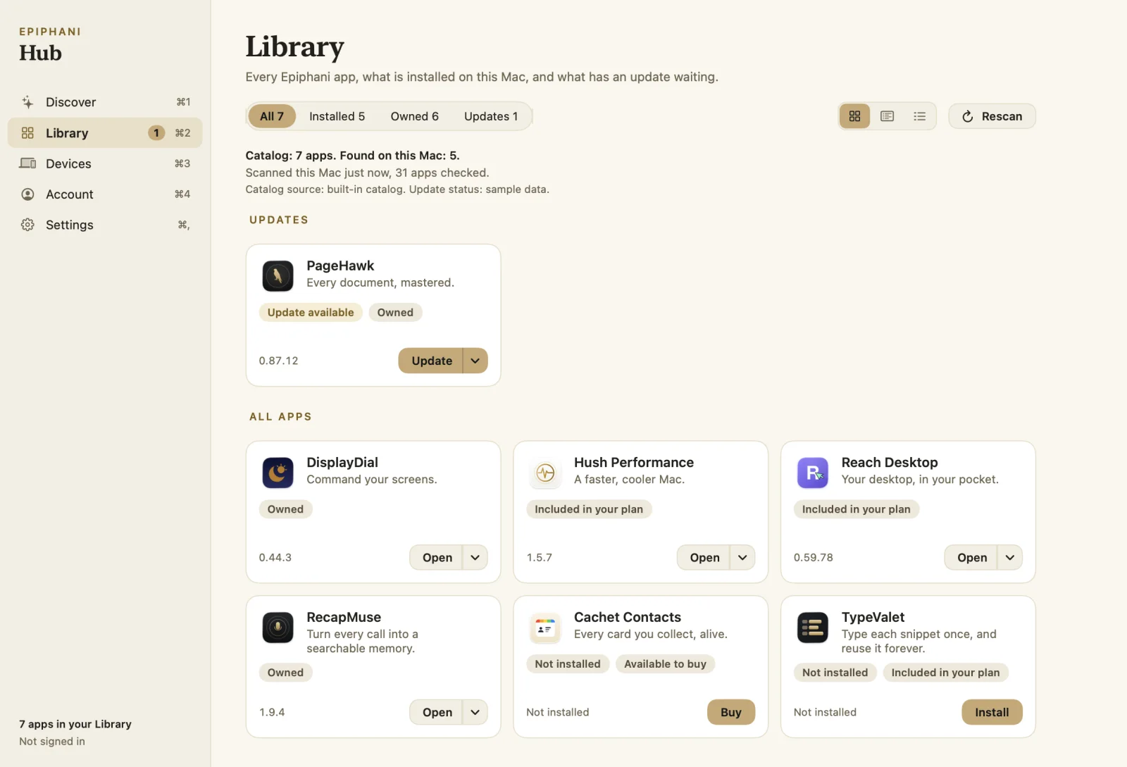 Epiphani Hub's Library in Grid view: PageHawk with an update ready, then DisplayDial, Hush Performance, Reach Desktop and RecapMuse installed, and Cachet Contacts and TypeValet ready to add.