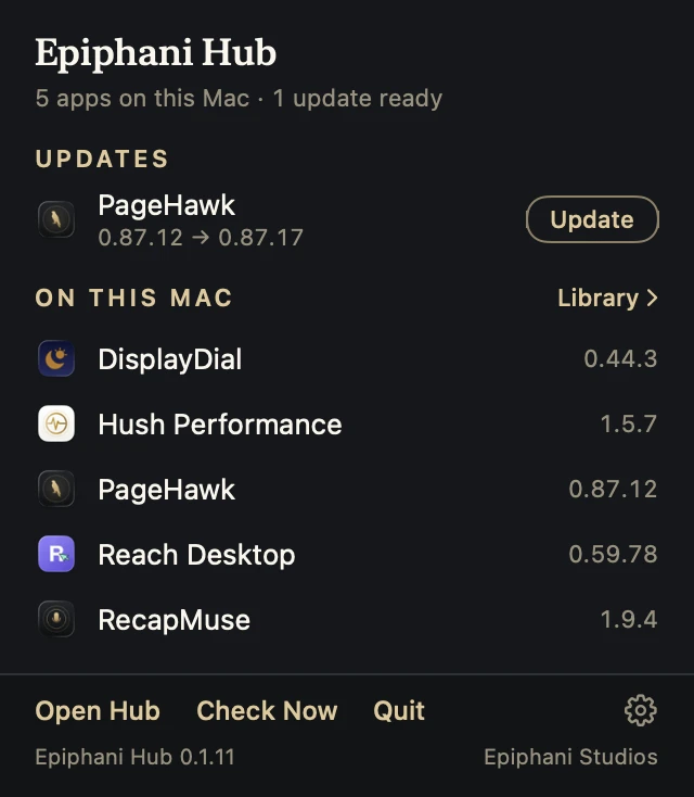 The Hub menu bar panel: one update ready for PageHawk, and five apps on this Mac with their versions.