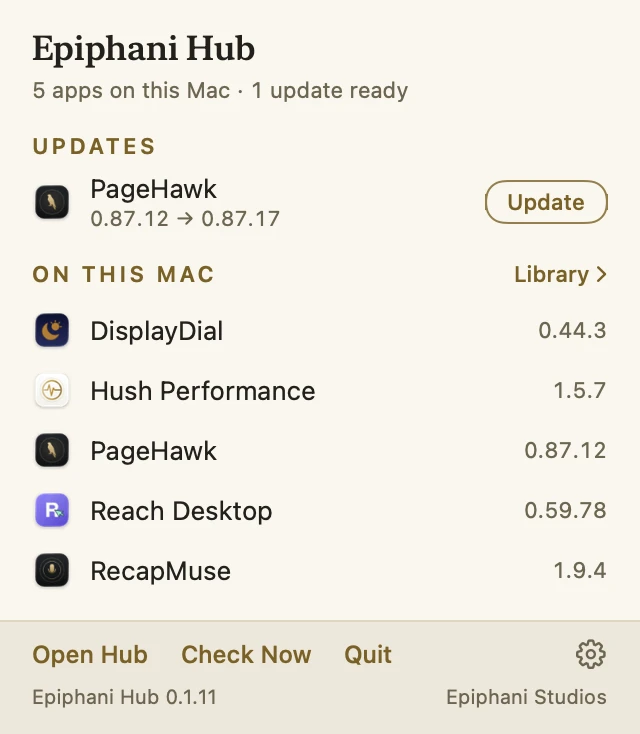 The Hub menu bar panel: one update ready for PageHawk, and five apps on this Mac with their versions.